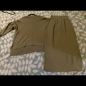 Two piece large knit olive green tunic and maxi skirt